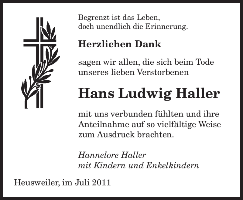  Traueranzeige für Hans Ludwig Haller vom 30.07.2011 aus SAARBRÜCKER ZEITUNG
