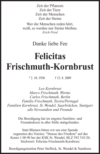 Traueranzeige von Felicitas Frischmuth-Kornbrust von SAARBRÜCKER ZEITUNG
