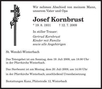 Traueranzeige von Josef Kornbrust von SAARBRÜCKER ZEITUNG