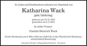 Traueranzeige von Katharina Wack von SAARBRÜCKER ZEITUNG