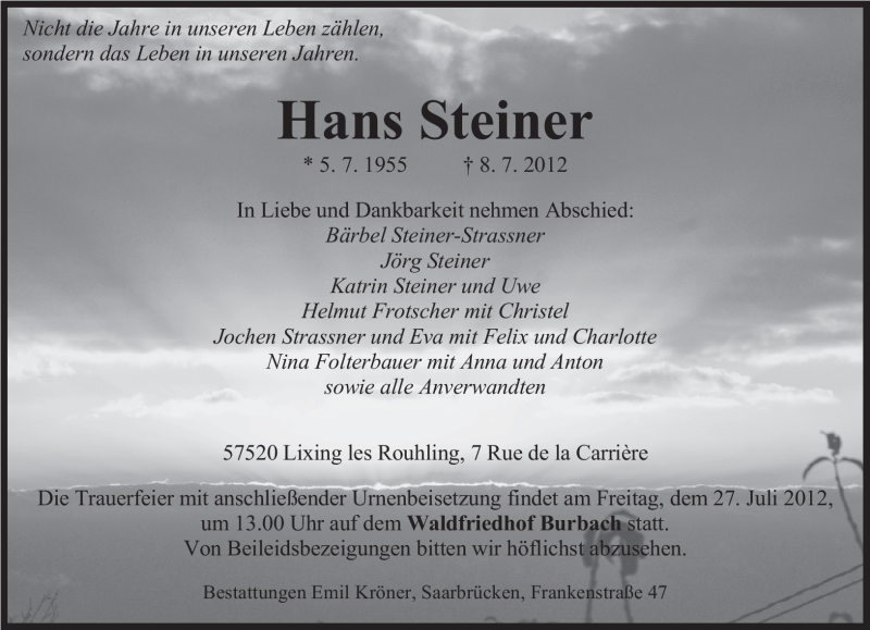  Traueranzeige für Hans Steiner vom 14.07.2012 aus SAARBRÜCKER ZEITUNG