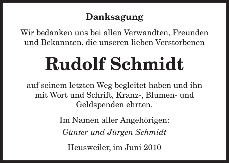  Traueranzeige für Rudolf Schmidt vom 19.06.2010 aus SAARBRÜCKER ZEITUNG
