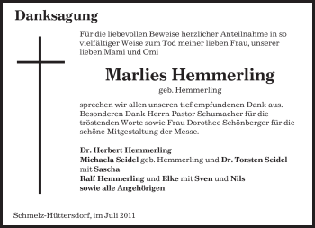 Traueranzeige von Marlies Hemmerling von SAARBRÜCKER ZEITUNG