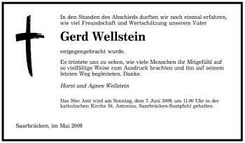 Traueranzeige von Gerd Wellstein von SAARBRÜCKER ZEITUNG