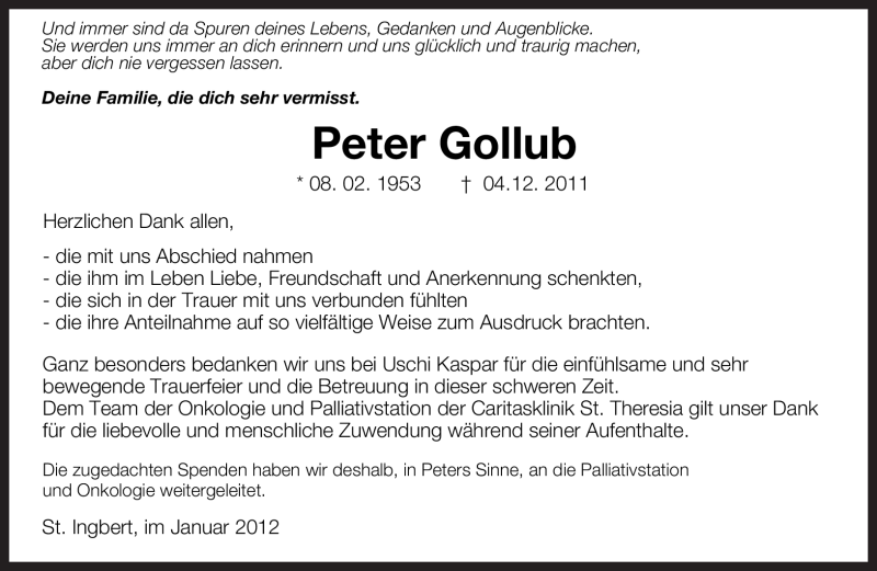  Traueranzeige für Peter Gollub vom 07.01.2012 aus SAARBRÜCKER ZEITUNG