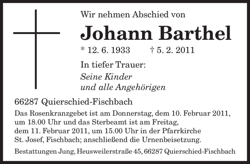  Traueranzeige für Johann Barthel vom 09.02.2011 aus SAARBRÜCKER ZEITUNG