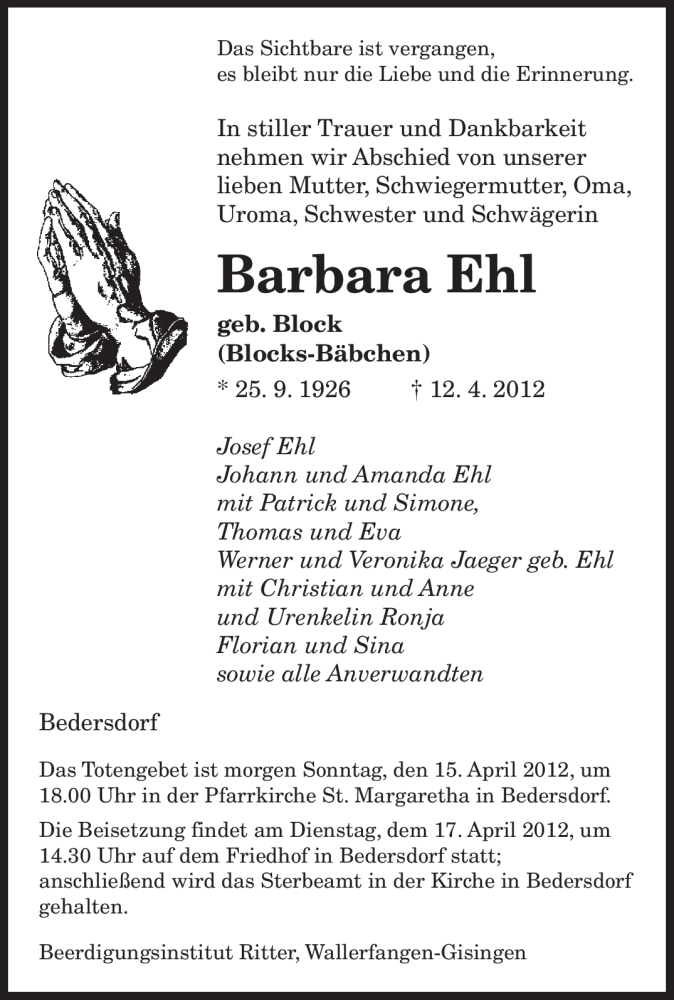  Traueranzeige für Barbara Ehl vom 14.04.2012 aus SAARBRÜCKER ZEITUNG
