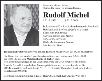 Traueranzeige von Rudolf Michel von SAARBRÜCKER ZEITUNG
