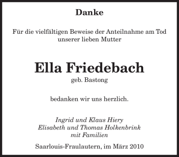 Traueranzeige von Ella Friedebach von SAARBRÜCKER ZEITUNG