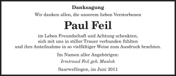 Traueranzeige von Paul Feil von SAARBRÜCKER ZEITUNG