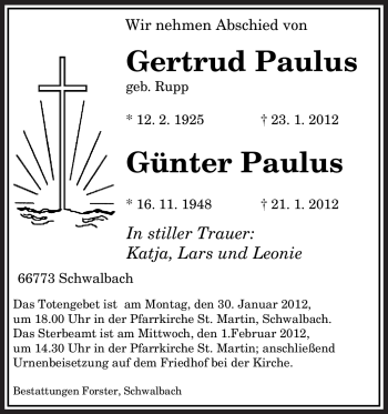 Traueranzeige von Gertrud Paulus von SAARBRÜCKER ZEITUNG