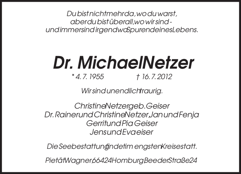  Traueranzeige für Michael Netzer vom 21.07.2012 aus SAARBRÜCKER ZEITUNG