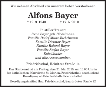 Traueranzeige von Alfons Bayer von SAARBRÜCKER ZEITUNG