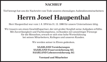 Traueranzeige von Josef Haupenthal von SAARBRÜCKER ZEITUNG