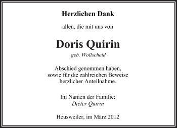 Traueranzeige von Doris Quirin von SAARBRÜCKER ZEITUNG
