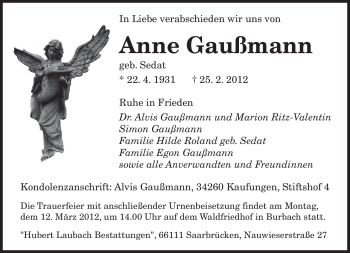 Traueranzeige von Anne Gaußmann von SAARBRÜCKER ZEITUNG