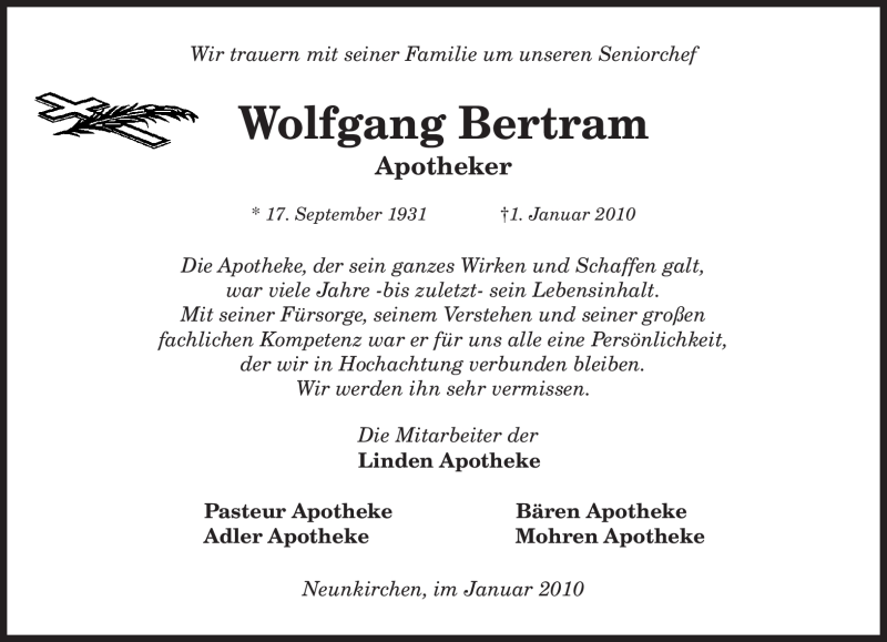 Traueranzeige für Wolfgang Bertram vom 06.01.2010 aus SAARBRÜCKER ZEITUNG
