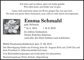 Traueranzeige von Emma Schmahl von SAARBRÜCKER ZEITUNG