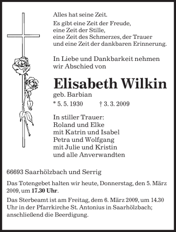 Traueranzeige von Elisabeth Wilkin von SAARBRÜCKER ZEITUNG