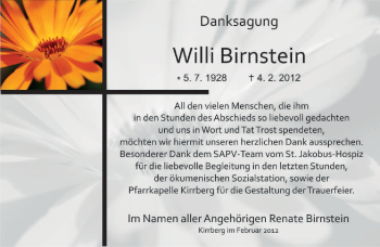 Traueranzeige von Willi Birnstein von SAARBRÜCKER ZEITUNG