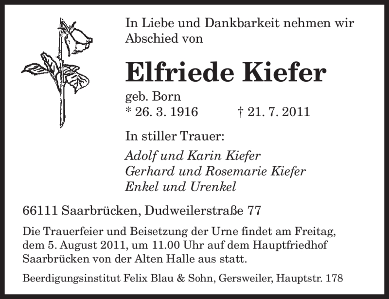  Traueranzeige für Elfriede Kiefer vom 30.07.2011 aus SAARBRÜCKER ZEITUNG