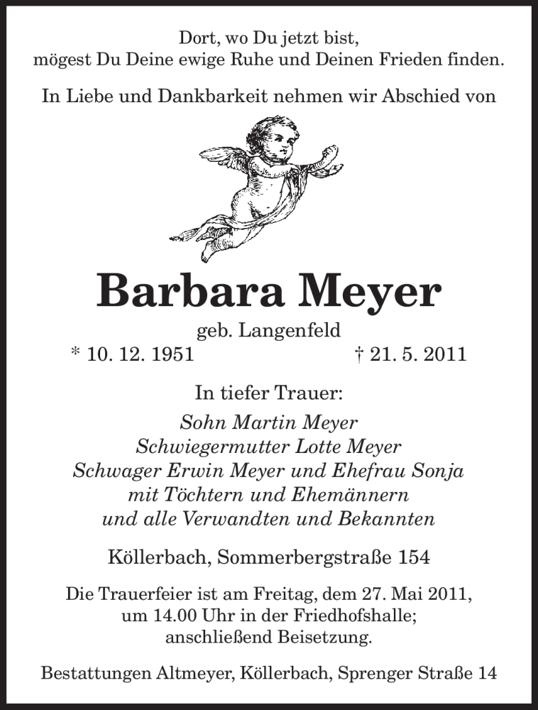  Traueranzeige für Barbara Meyer vom 24.05.2011 aus SAARBRÜCKER ZEITUNG