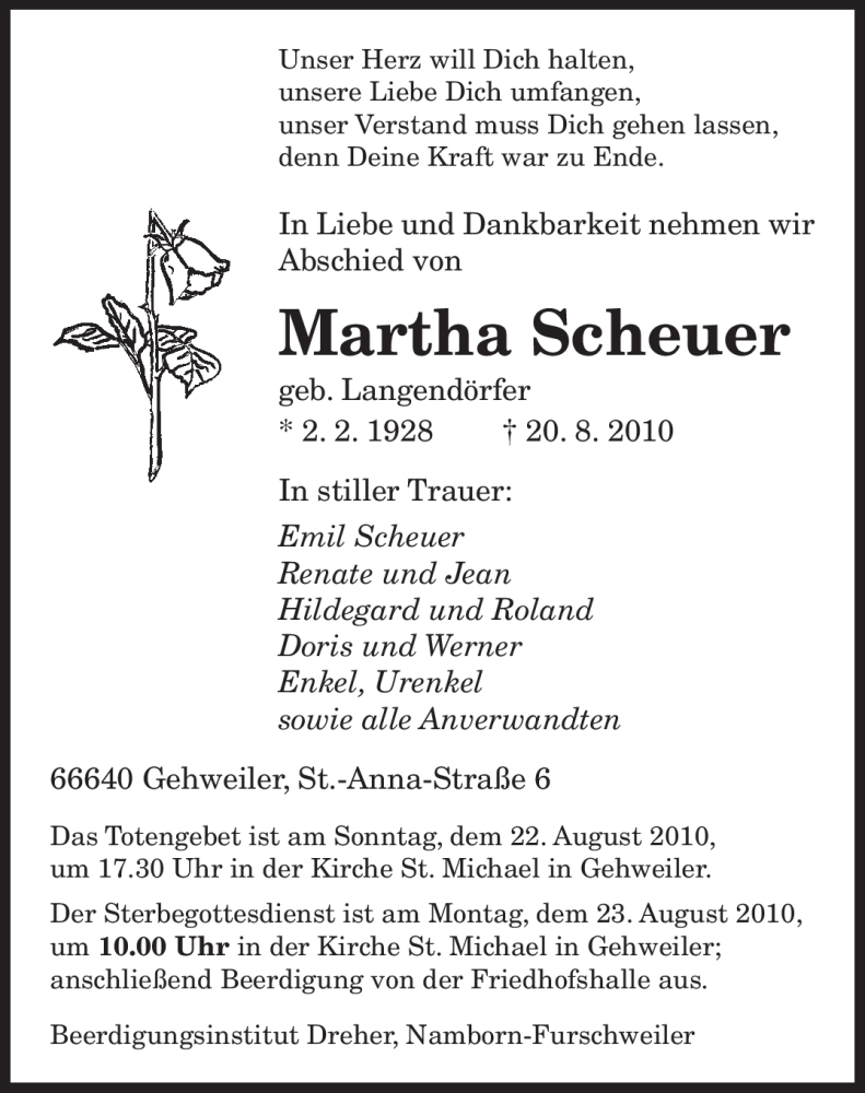  Traueranzeige für Martha Scheuer vom 21.08.2010 aus SAARBRÜCKER ZEITUNG