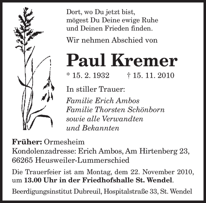  Traueranzeige für Paul Kremer vom 19.11.2010 aus SAARBRÜCKER ZEITUNG