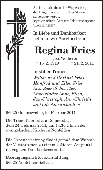 Traueranzeige von Regina Fries von SAARBRÜCKER ZEITUNG