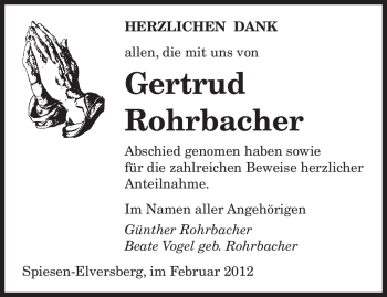 Traueranzeige von Gertrud Rohrbacher von SAARBRÜCKER ZEITUNG