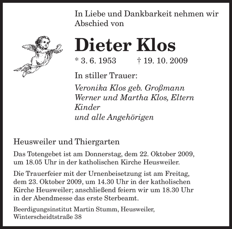  Traueranzeige für Dieter Klos vom 21.10.2009 aus SAARBRÜCKER ZEITUNG