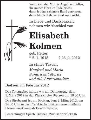 Traueranzeige von Elisabeth Kolmen von SAARBRÜCKER ZEITUNG