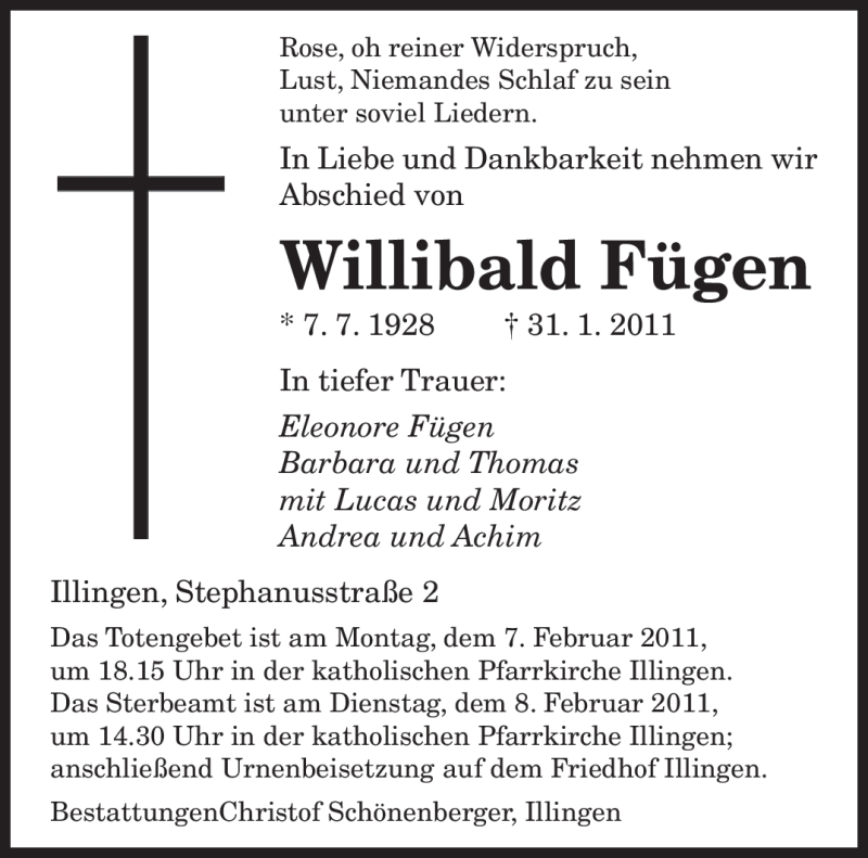  Traueranzeige für Willibald Fügen vom 04.02.2011 aus SAARBRÜCKER ZEITUNG