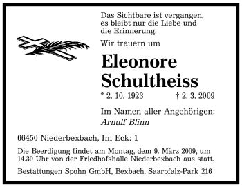 Traueranzeige von Eleonore Schultheiss von SAARBRÜCKER ZEITUNG