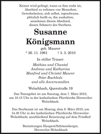 Traueranzeige von Susanne Königsmann von SAARBRÜCKER ZEITUNG
