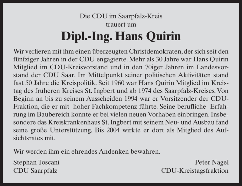  Traueranzeige für Hans Quirin vom 29.01.2011 aus SAARBRÜCKER ZEITUNG