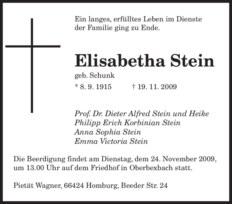  Traueranzeige für Elisabetha Stein vom 21.11.2009 aus SAARBRÜCKER ZEITUNG