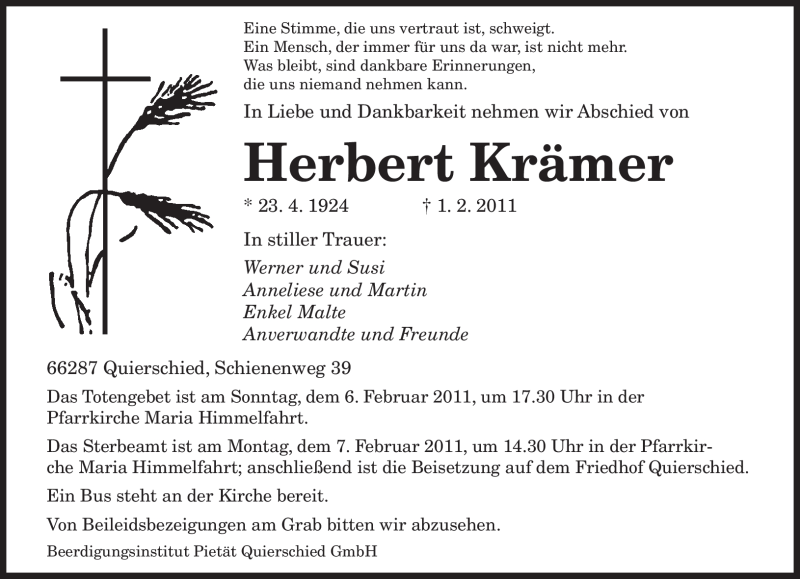  Traueranzeige für Herbert Krämer vom 04.02.2011 aus SAARBRÜCKER ZEITUNG