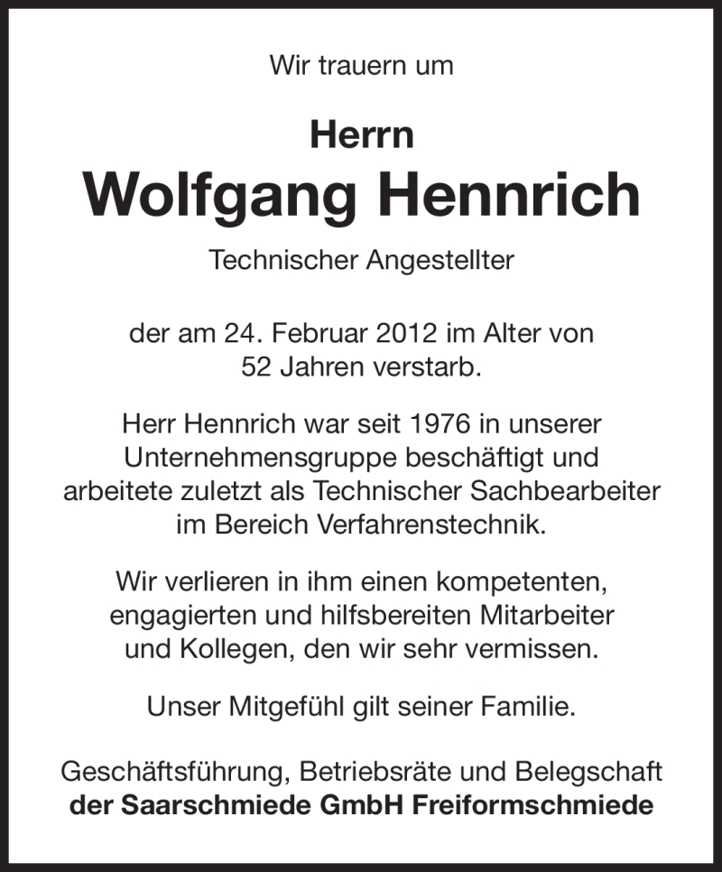  Traueranzeige für Wolfgang Hennrich vom 03.03.2012 aus SAARBRÜCKER ZEITUNG