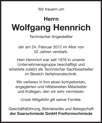 Traueranzeige von Wolfgang Hennrich von SAARBRÜCKER ZEITUNG