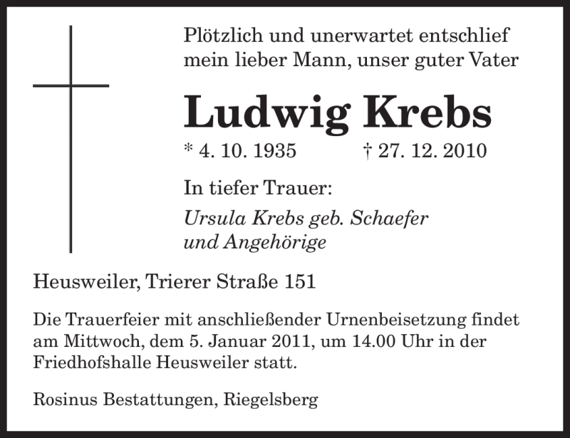  Traueranzeige für Ludwig Krebs vom 31.12.2010 aus SAARBRÜCKER ZEITUNG