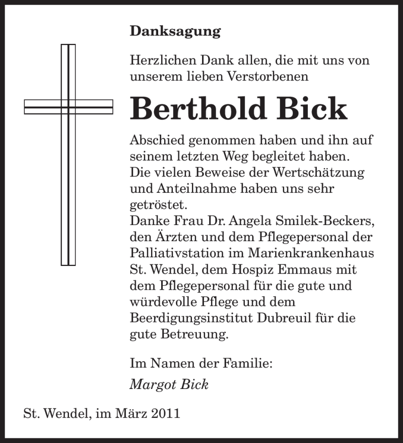  Traueranzeige für Berthold Bick vom 05.03.2011 aus SAARBRÜCKER ZEITUNG