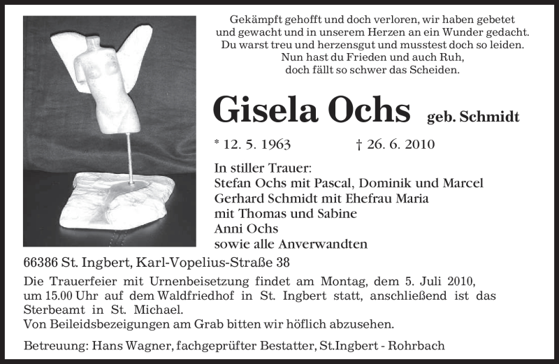  Traueranzeige für Gisela Ochs vom 02.07.2010 aus SAARBRÜCKER ZEITUNG