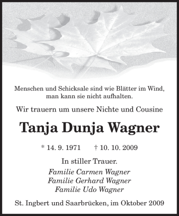 Traueranzeige von Tanja Dunja Wagner von SAARBRÜCKER ZEITUNG