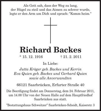 Traueranzeige von Richard Backes von SAARBRÜCKER ZEITUNG