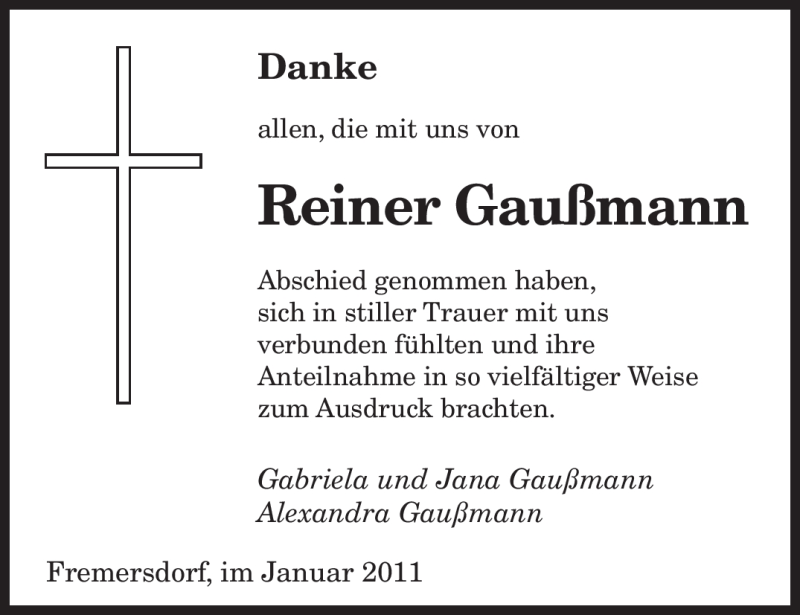  Traueranzeige für Reiner Gaußmann vom 15.01.2011 aus SAARBRÜCKER ZEITUNG