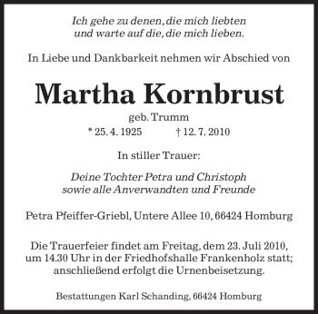 Traueranzeige von Martha Kornbrust von SAARBRÜCKER ZEITUNG