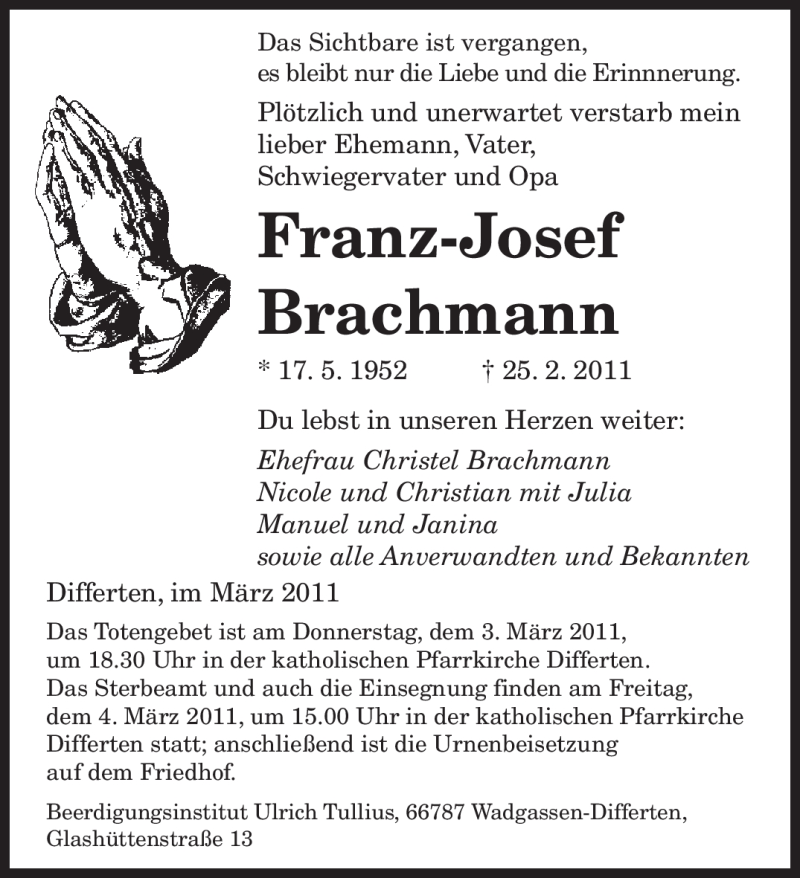  Traueranzeige für Franz-Josef Brachmann vom 02.03.2011 aus SAARBRÜCKER ZEITUNG