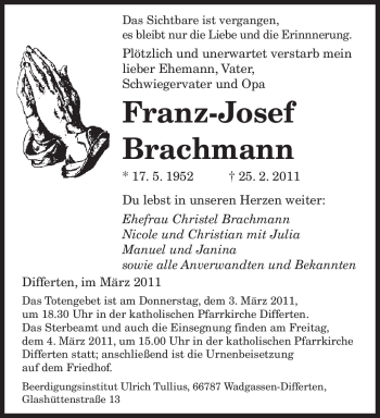 Traueranzeige von Franz-Josef Brachmann von SAARBRÜCKER ZEITUNG