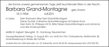 Traueranzeige von Barbara Grand-Montagne von SAARBRÜCKER ZEITUNG